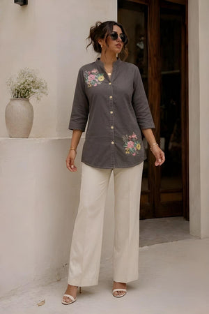 Grey Embroidered Cotton Shirt (ACA9046)