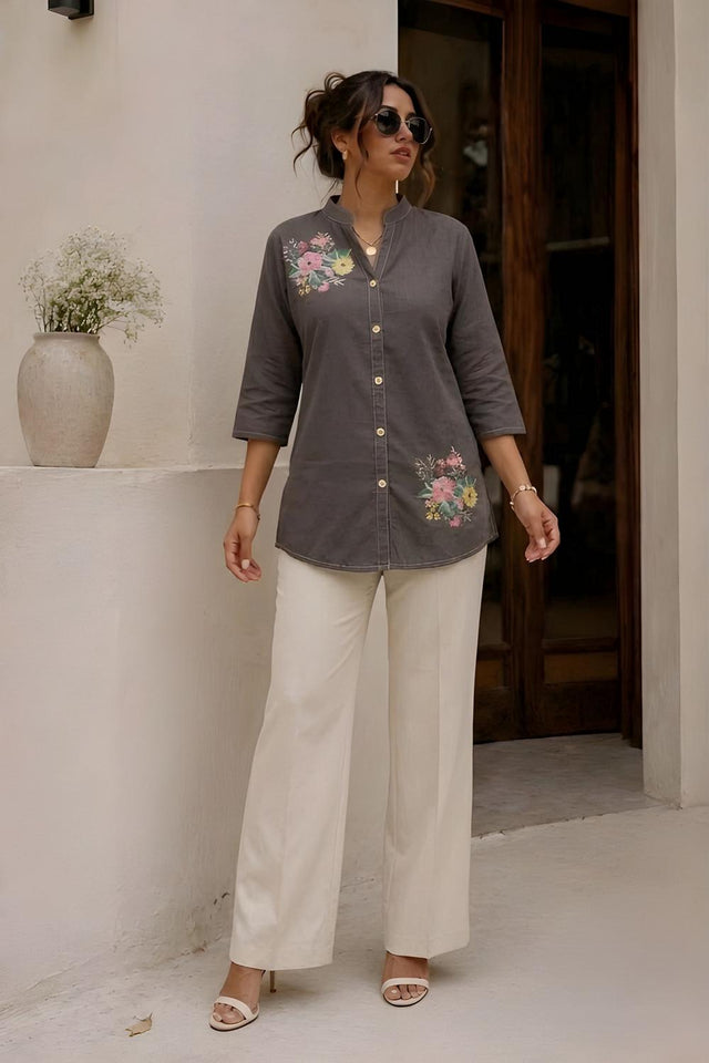 Grey Embroidered Cotton Shirt (ACA9046)