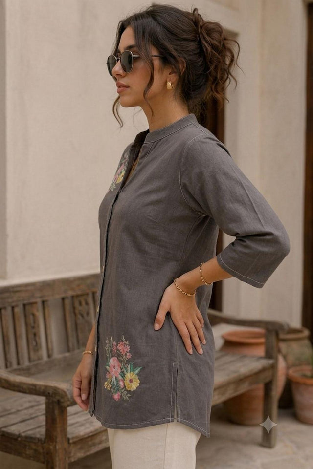 Grey Embroidered Cotton Shirt (ACA9046)