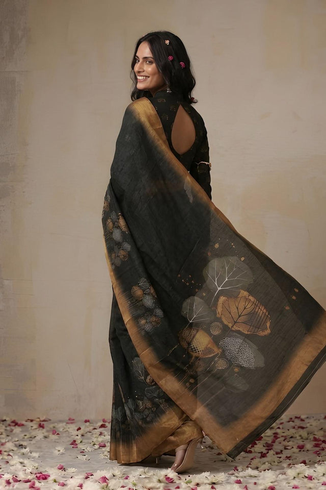 Black Floral Printed Cotton Saree (ACA9052)