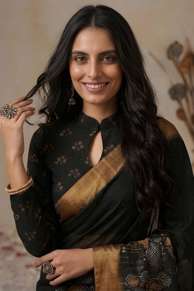 Black Floral Printed Cotton Saree (ACA9052)