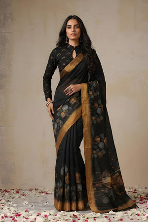 Black Floral Printed Cotton Saree (ACA9052)
