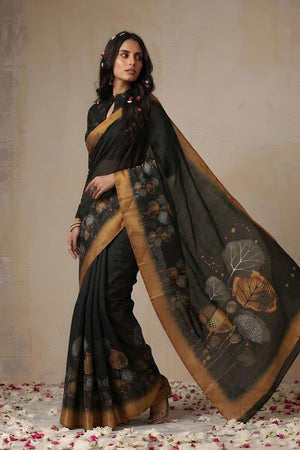Black Floral Printed Cotton Saree (ACA9052)
