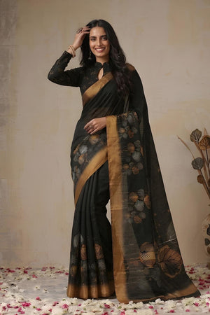 Black Floral Printed Cotton Saree (ACA9052)
