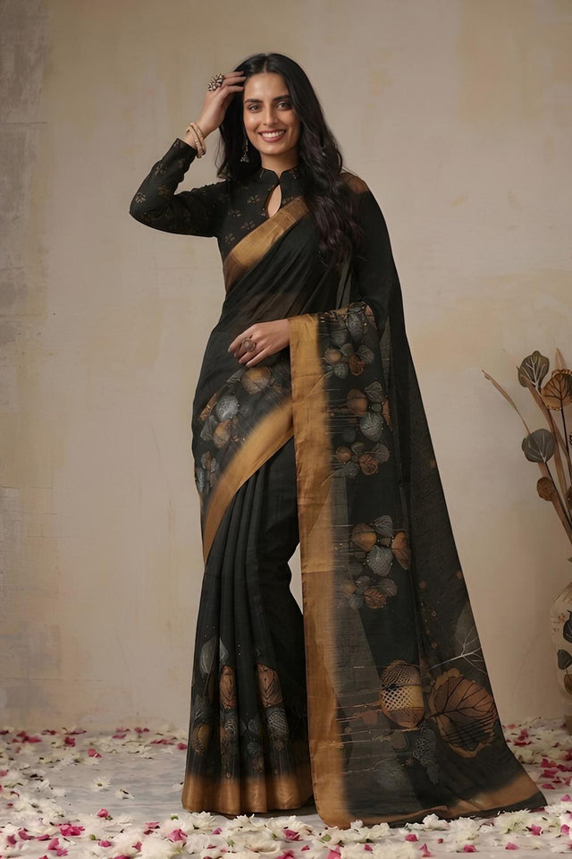 Black Floral Printed Cotton Saree (ACA9052)