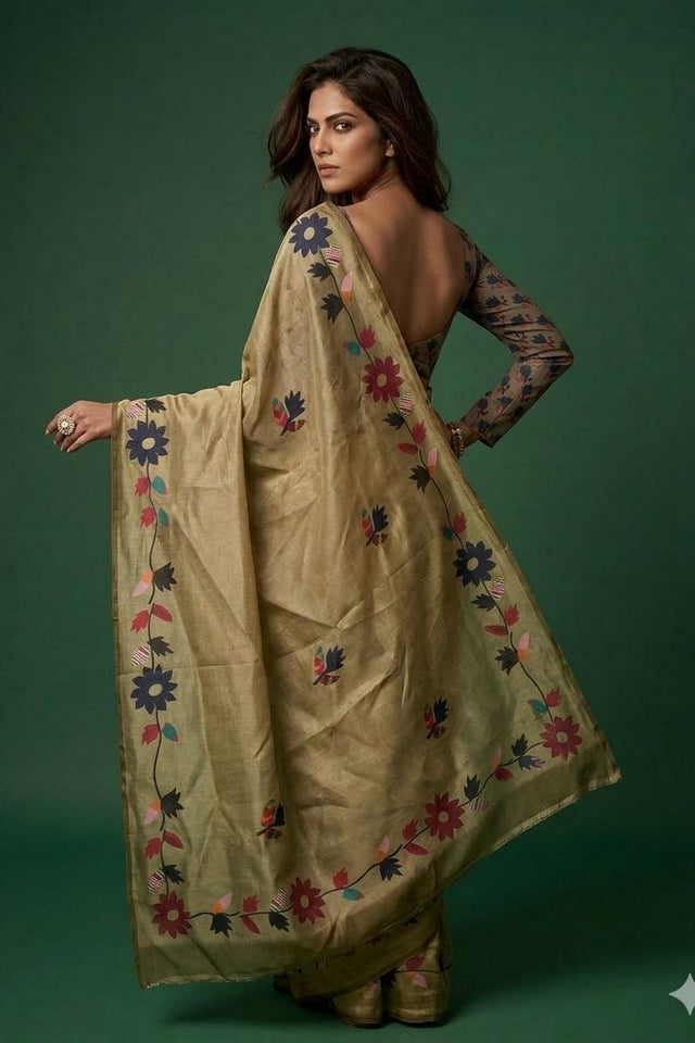 Olive Green Floral Printed Cotton Saree (ACA9053)