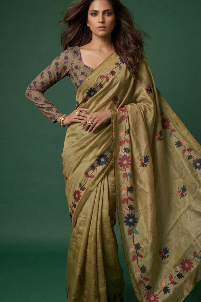 Olive Green Floral Printed Cotton Saree (ACA9053)