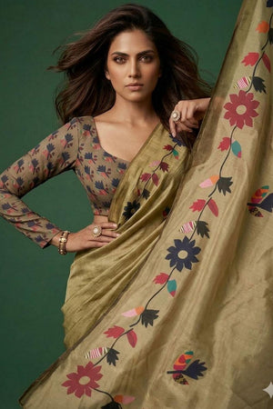 Olive Green Floral Printed Cotton Saree (ACA9053)