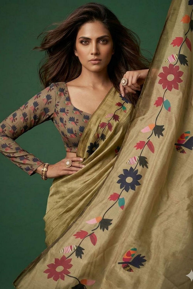 Olive Green Floral Printed Cotton Saree (ACA9053)