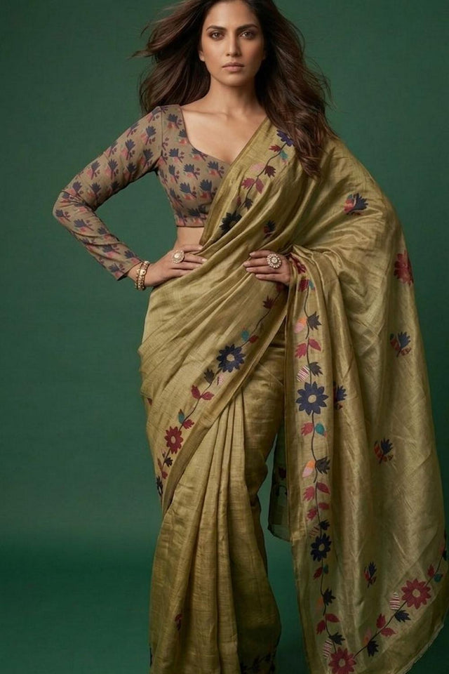 Olive Green Floral Printed Cotton Saree (ACA9053)