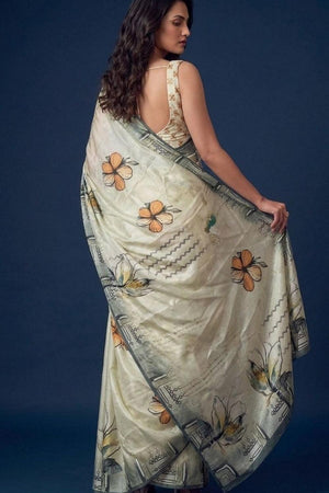 Beige Floral Printed Silk Saree (ACA9054)
