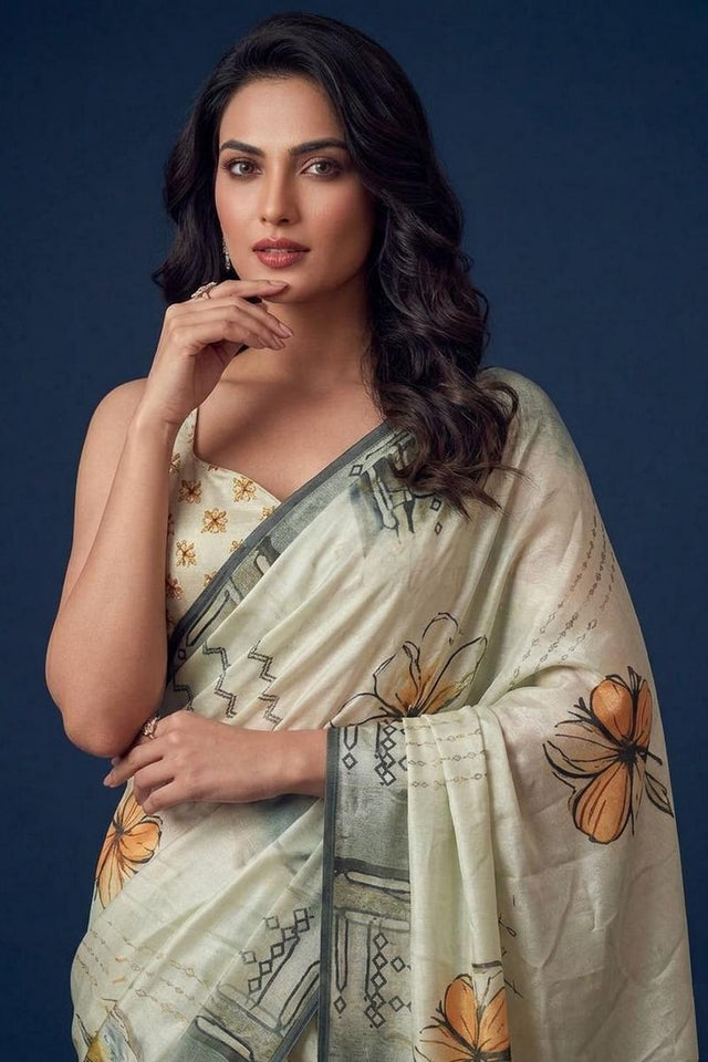 Beige Floral Printed Silk Saree (ACA9054)