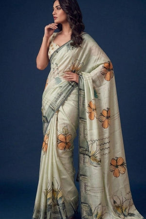 Beige Floral Printed Silk Saree (ACA9054)