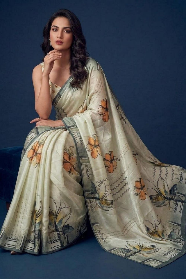 Beige Floral Printed Silk Saree (ACA9054)