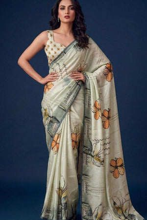 Beige Floral Printed Silk Saree (ACA9054)