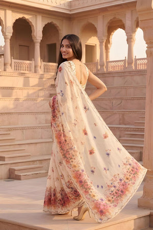 Cream Floral Printed Cotton Saree (ACA9055)
