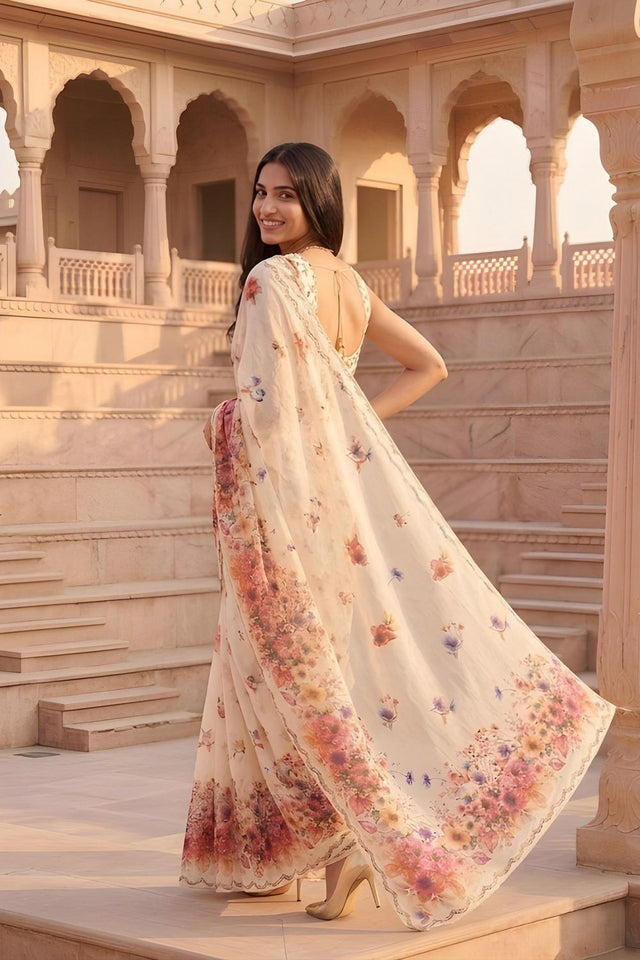 Cream Floral Printed Cotton Saree (ACA9055)