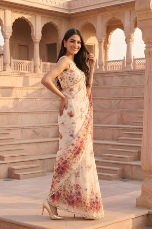 Cream Floral Printed Cotton Saree (ACA9055)
