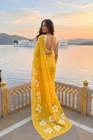 Yellow Floral Printed Cotton Saree (ACA9056)