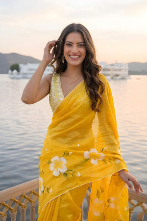 Yellow Floral Printed Cotton Saree (ACA9056)