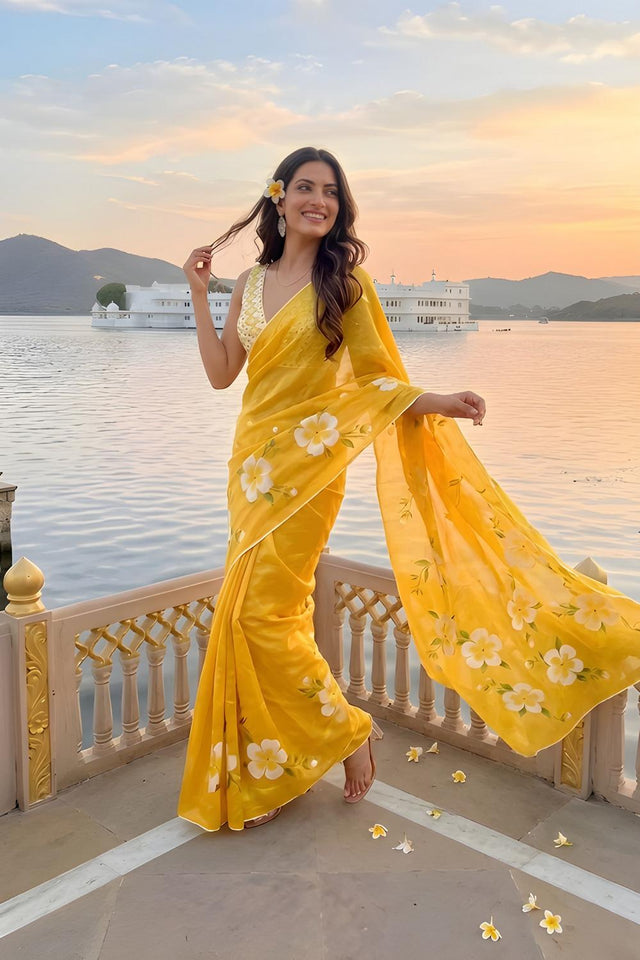 Yellow Floral Printed Cotton Saree (ACA9056)