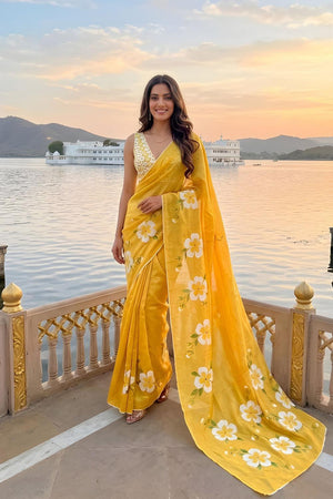 Yellow Floral Printed Cotton Saree (ACA9056)