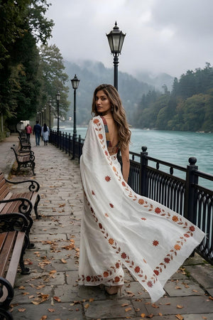 White Floral Printed Cotton Saree (ACA9057)