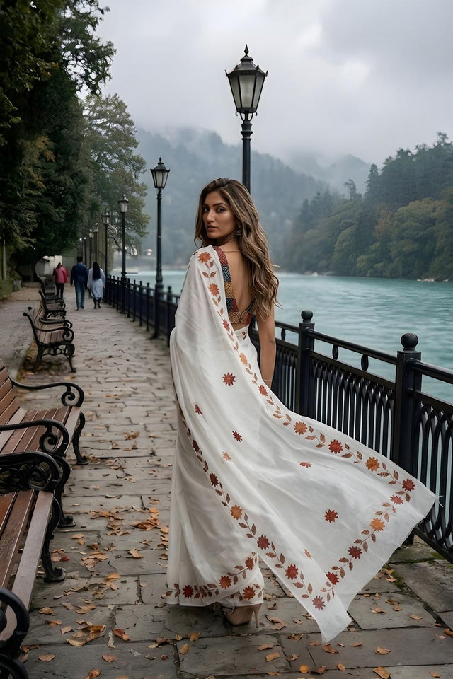 White Floral Printed Cotton Saree (ACA9057)