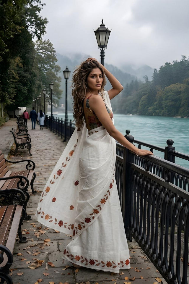 White Floral Printed Cotton Saree (ACA9057)
