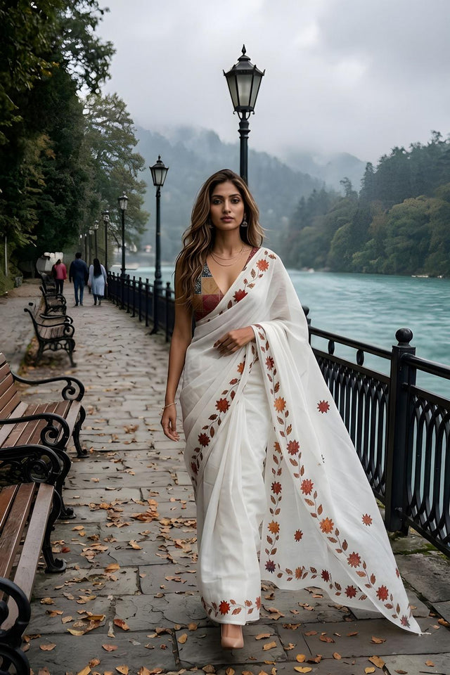 White Floral Printed Cotton Saree (ACA9057)