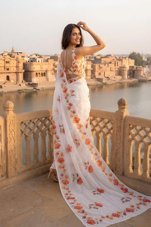 White Floral Printed Cotton Saree (ACA9058)