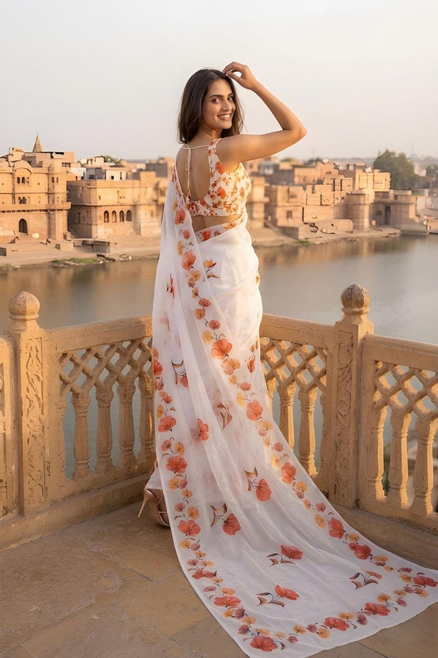 White Floral Printed Cotton Saree (ACA9058)