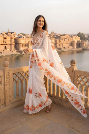 White Floral Printed Cotton Saree (ACA9058)