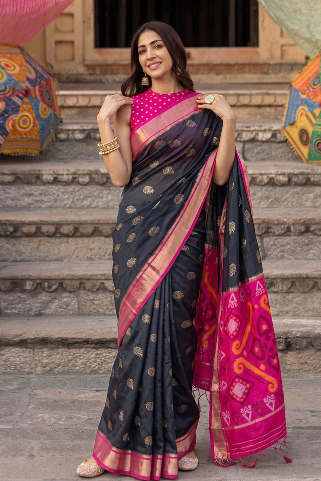 Black Zari Woven Soft Silk Saree (ACA9059)
