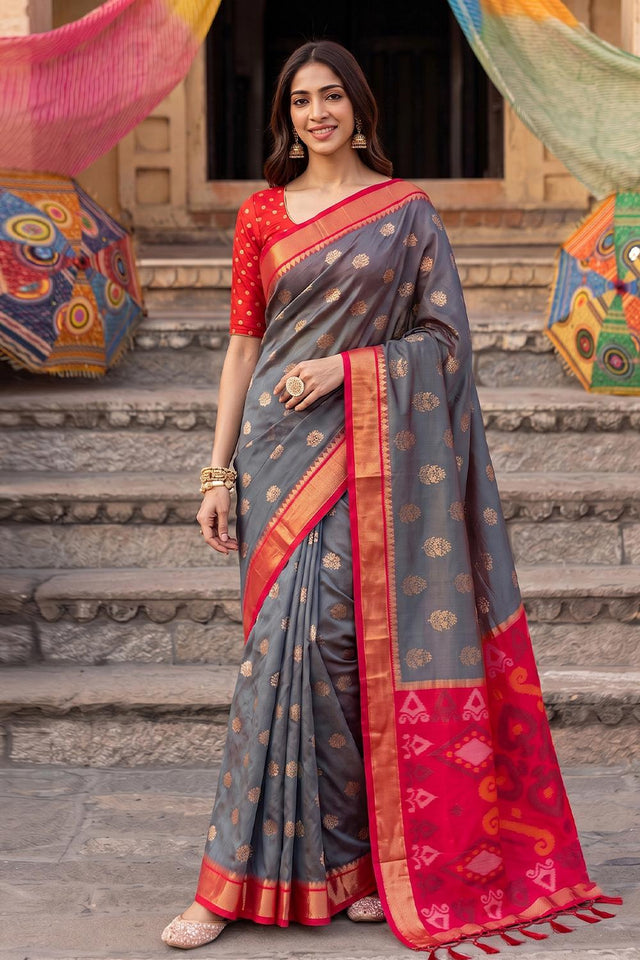 Grey Zari Woven Soft Silk Saree (ACA9062)