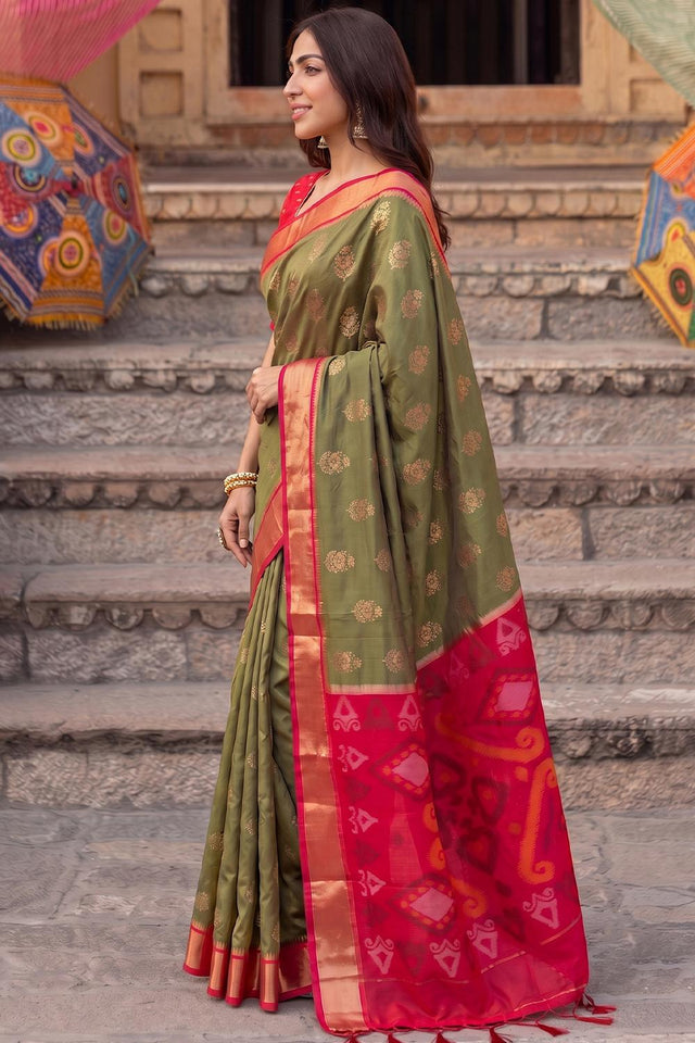 Mehendi Zari Woven Soft Silk Saree (ACA9065)