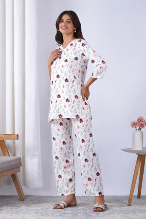 Off White Printed Rayon Co-Ord Set (ACA9076)