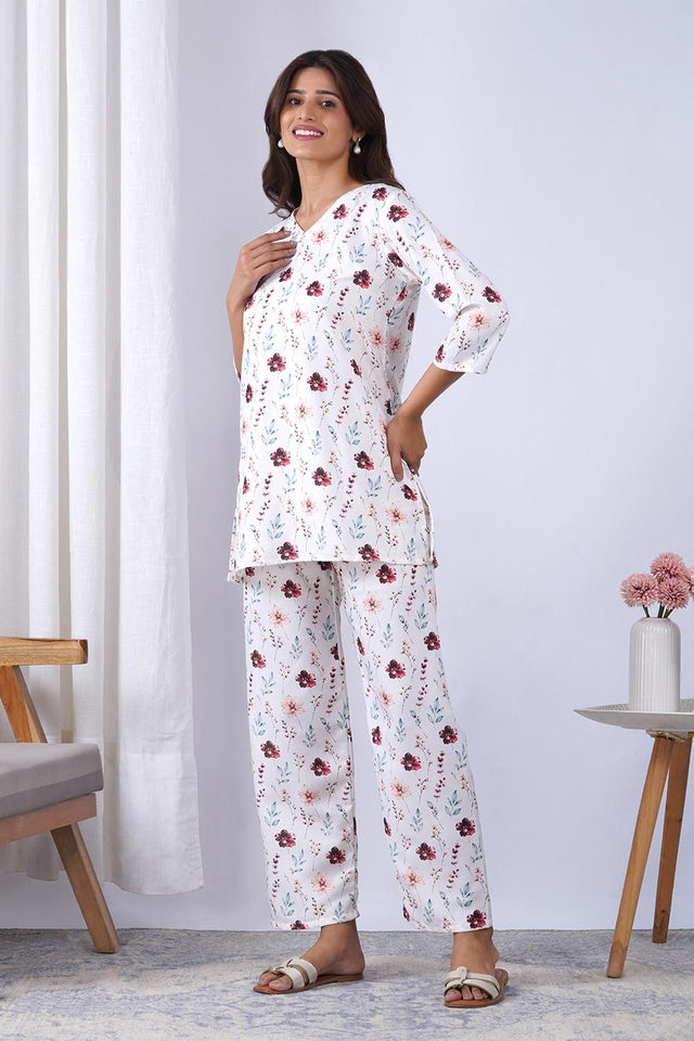 Off White Printed Rayon Co-Ord Set (ACA9076)