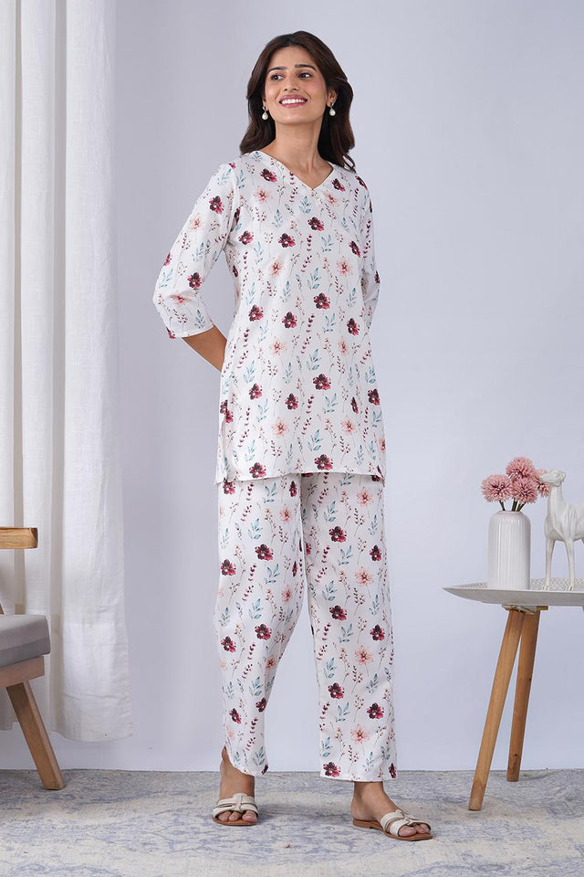 Off White Printed Rayon Co-Ord Set (ACA9076)