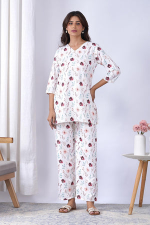 Off White Printed Rayon Co-Ord Set (ACA9076)