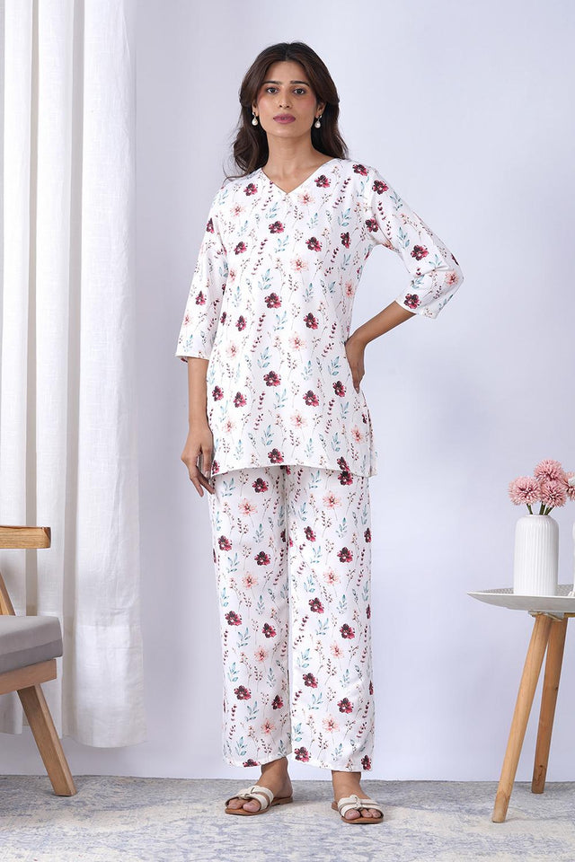 Off White Printed Rayon Co-Ord Set (ACA9076)