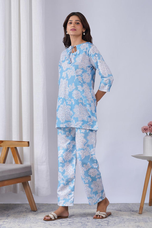 Blue Floral Printed Rayon Co-Ord Set (ACA9077)
