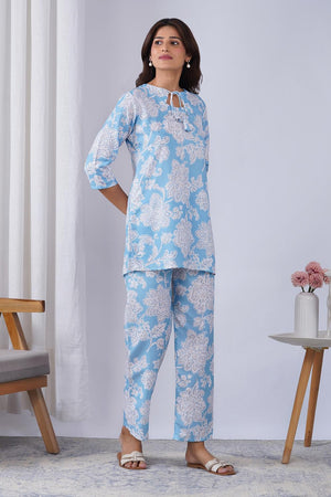 Blue Floral Printed Rayon Co-Ord Set (ACA9077)
