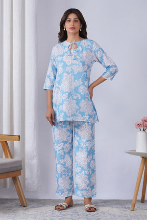 Blue Floral Printed Rayon Co-Ord Set (ACA9077)