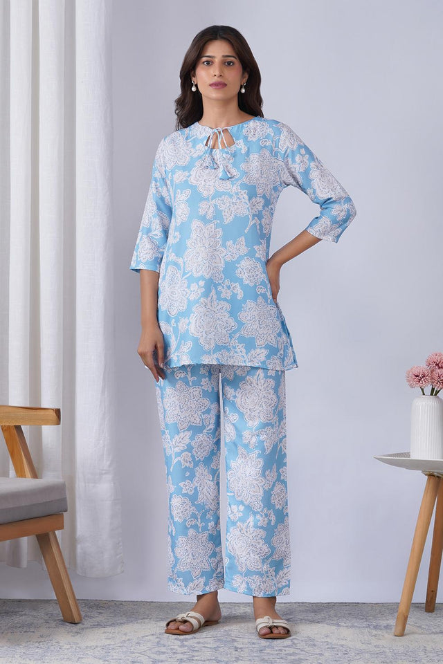 Blue Floral Printed Rayon Co-Ord Set (ACA9077)