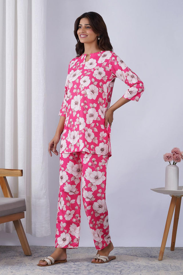 Pink Floral Printed Rayon Co-Ord Set (ACA9078)