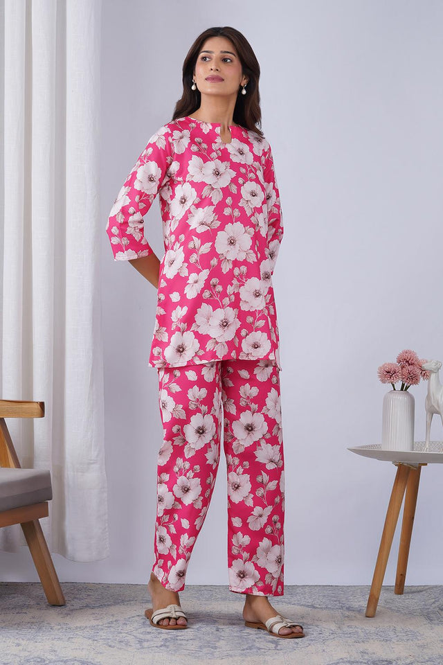Pink Floral Printed Rayon Co-Ord Set (ACA9078)