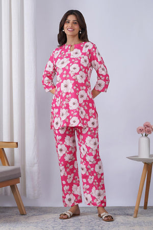 Pink Floral Printed Rayon Co-Ord Set (ACA9078)