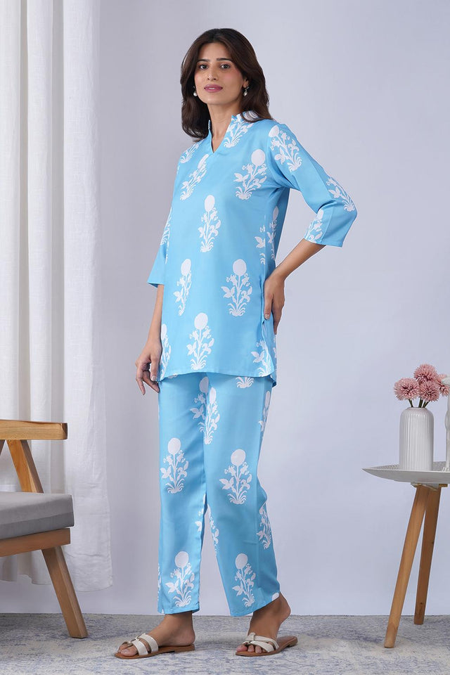 Blue Floral Printed Rayon Co-Ord Set (ACA9079)