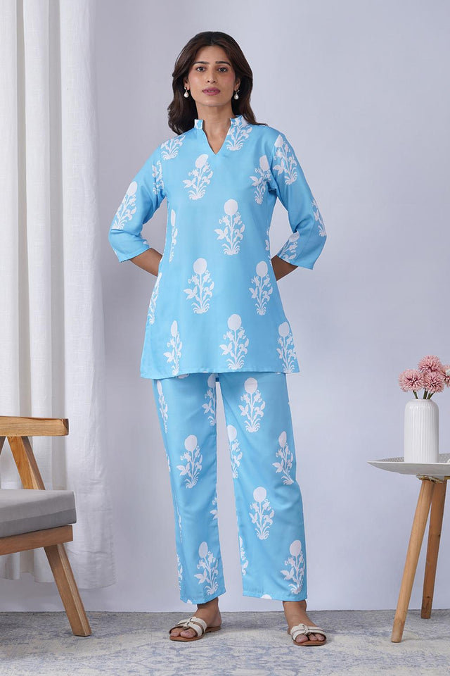 Blue Floral Printed Rayon Co-Ord Set (ACA9079)